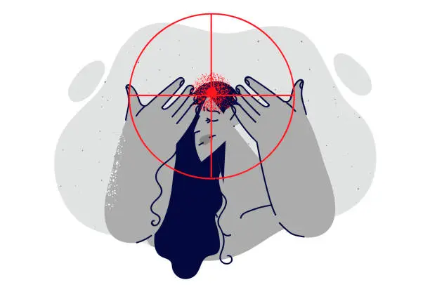 Vector illustration of Depressed woman at gunpoint near head, suffering from migraine and headache caused by stress