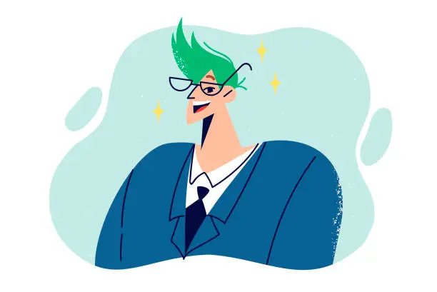 Vector illustration of Hipster businessman with green hair and glasses, smiling after visiting barbershop or stylist
