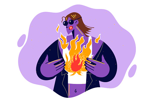 Woman with fire in soul symbolizing suffering and despair, looks in style of cyberpunk or futurism. Cyberpunk girl with flames inside and purple skin in neon colors, for concept of passionate desire