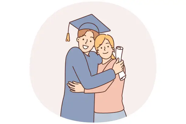 Vector illustration of A young graduate in a cap with a diploma next to his mother