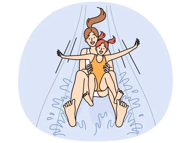 Vector illustration of Happy mother and daughter screaming for joy going down water slide in aquapark