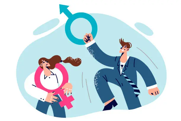 Vector illustration of Problem of gender inequality causes discomfort in woman looking at man career success