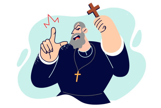 wściekły ksiądz wzywa do wyklęcia i wyrzeczenia się kościoła, wskazując palcem na ekran - god anger displeased praying stock illustrations