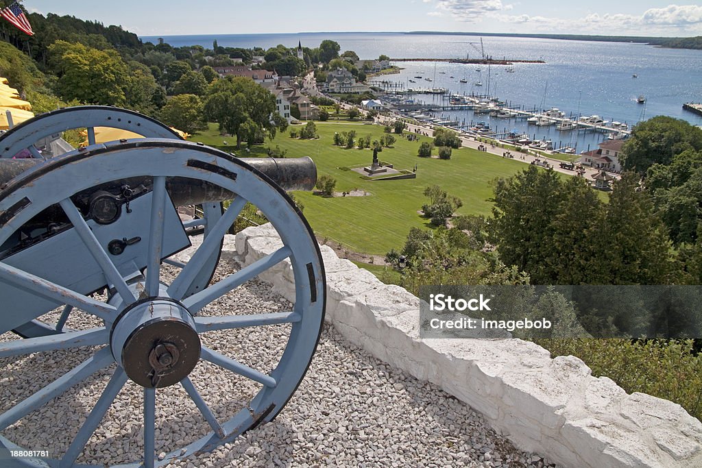 Cannon look out! Cannon close up in Fort Mackinac looking out toward Lake Huron Shoreline. Mackinac Island Stock Photo