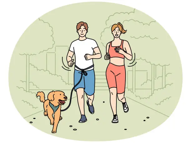 Vector illustration of Happy couple jogging in park with dog