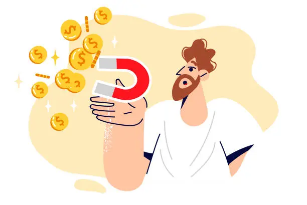 Vector illustration of Man holds magnet that attracts gold coins and is engaged in money making, showing surprised emotions