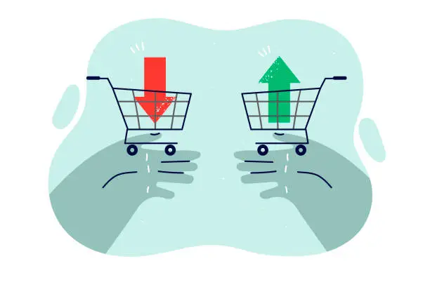 Vector illustration of People hands with shopping baskets and up and down arrows as metaphor for stock market trading