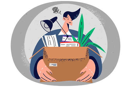 Unhappy male employee with box of personal belongings stressed with office dismissal. Upset man fired from work, carry documents and paperwork. Job quit. Vector illustration.