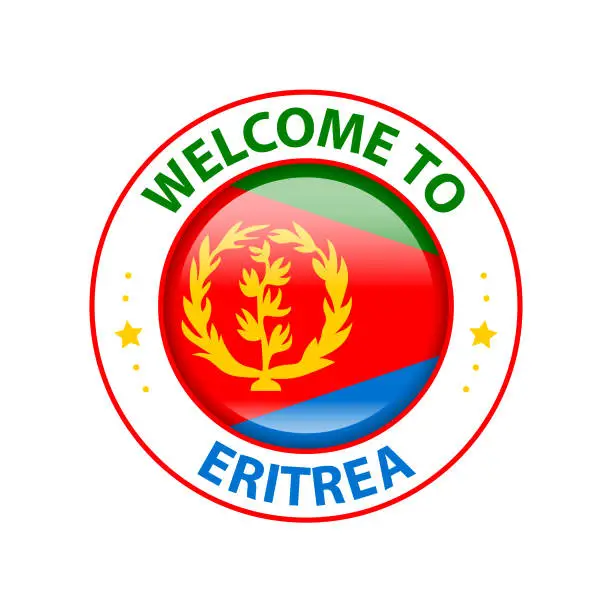Vector illustration of Vector Stamp. Welcome to Eritrea. Glossy Icon with National Flag. Seal Template