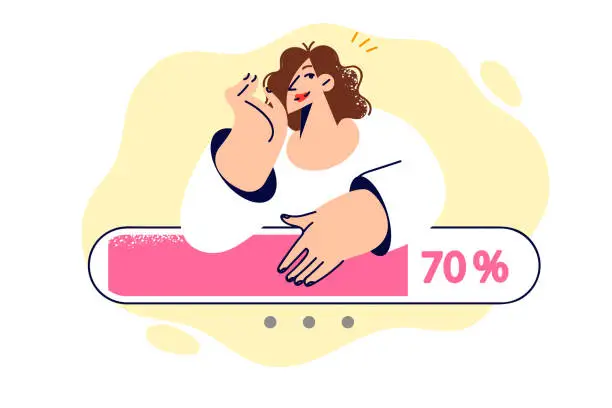 Vector illustration of Woman waiting for web page to load, leaning on progress line downloading information from network