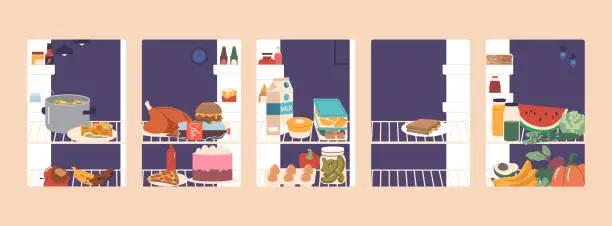 Vector illustration of A Well-stocked Refrigerator Interior Showcases Vibrant Fruits, Crisp Vegetables, Assorted Dairy Products, And Beverages