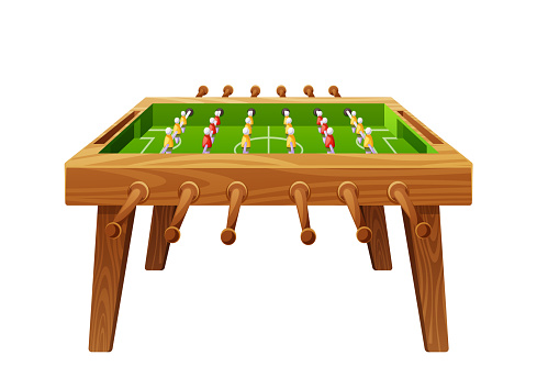 Table Soccer, or Foosball, Is A Fast-paced Tabletop Game Where Players Control Miniature Soccer Players Attached To Rods, Aiming To Score Goals By Manipulating The Ball. Cartoon Vector Illustration