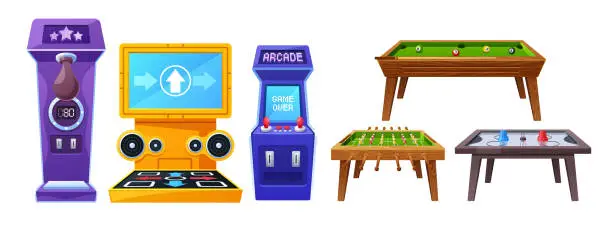 Vector illustration of Table Games And Machines Set. Electronic Devices Designed For Entertainment, Featuring Interactive Gameplay