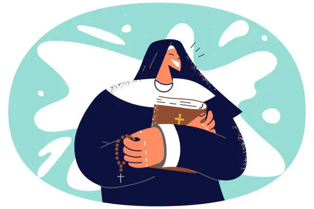 Vector illustration of Smiling nun with rosary and beads