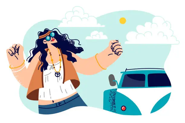 Vector illustration of Hippie woman dances standing near minivan and celebrates start of trip or summer vacation