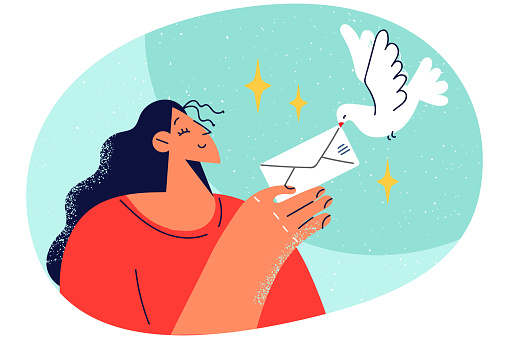 Smiling woman give envelope to dove. Happy girl send post letter by bird. Correspondence and mailing. Vector illustration.