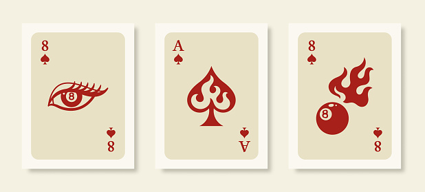 Playing Cards Posters. Retro Wall Art Prints Set with Ace in Flames, 8 Ball Billiards Pool in Fire and Eye in a Trendy Modern Style. Vector Illustrations Collection