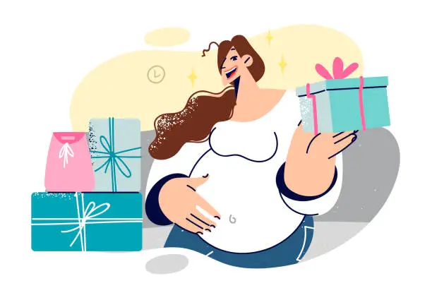 Vector illustration of Pregnant woman holds gift box and smiling looks at screen, enjoying attention from friends