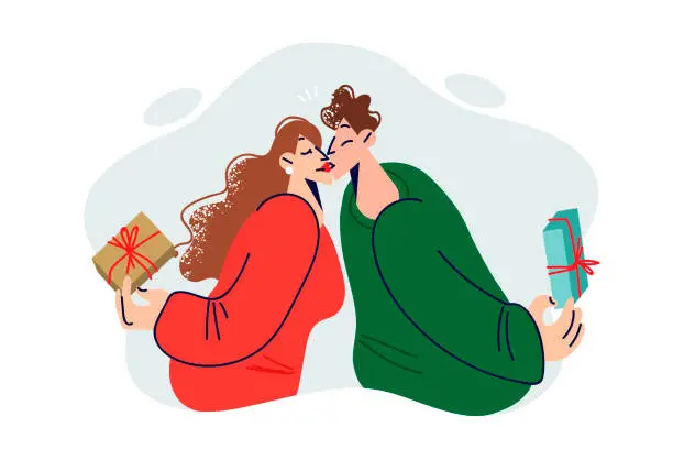 Vector illustration of Couple in love kissing after exchanging christmas gifts on new year eve or valentine day