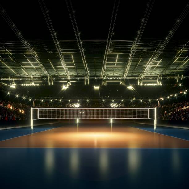 Empty professional volleyball court in lights