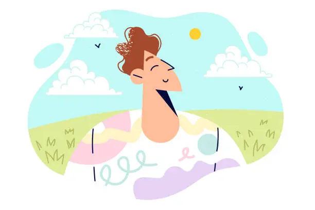 Vector illustration of Smiling guy enjoying summer weather standing on lawn with sunny sky and listening to birds singing
