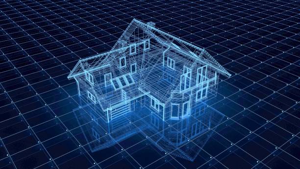 istock 3d Hologram of a luxury home over blueprints 1880871239
