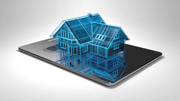 istock 3d Hologram of a luxury home over blueprints 1880871242