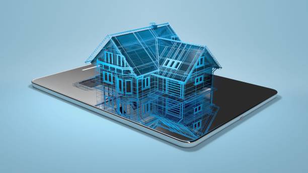istock 3d Hologram of a luxury home over blueprints 1880871243