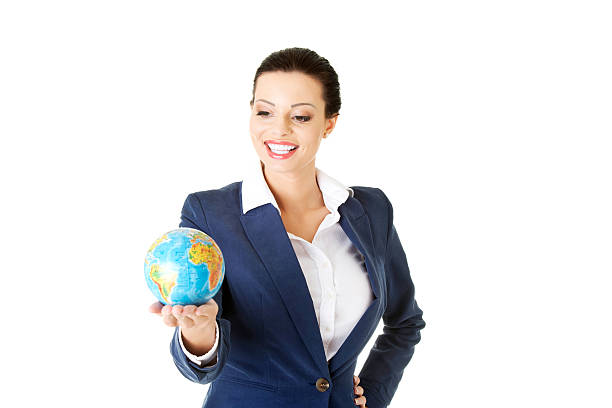 istock Attractive business woman with globe. 188087377
