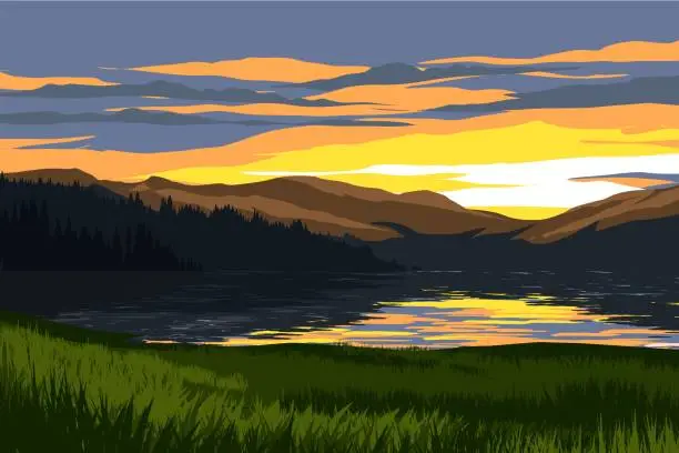 Vector illustration of Lake and mountains at sunset