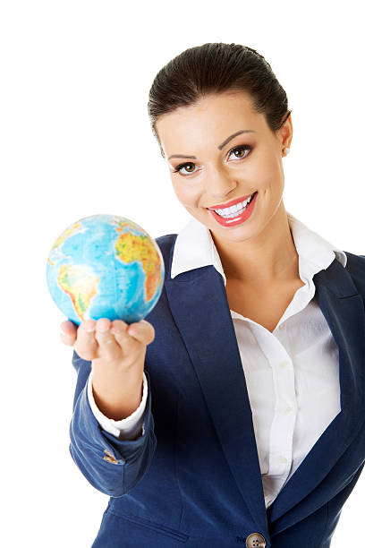 istock Attractive business woman with globe. 188089352