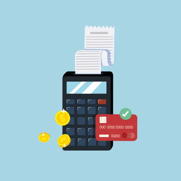 Vector illustration of Pay bills and tax. Bills, credit cards and calculator. Financial statistics, accountant, bill calculation.