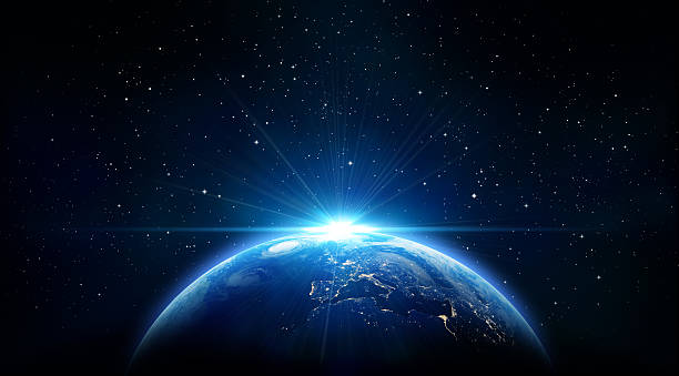 azul sunrise, vista de la tierra desde el espacio - paz mundial fotografías e imágenes de stock