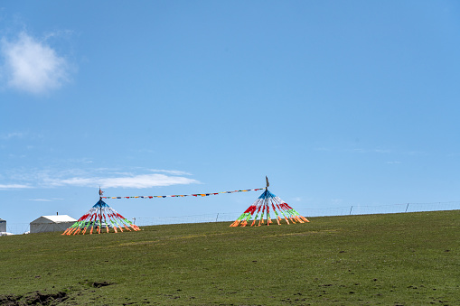 Tibetan prayer flags on sunny plateau grassland