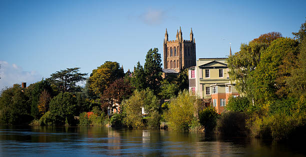 Scenic view of the river great ouse and the town bridge in bedford, england, with geese resting on the embankment
