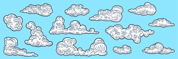 Set of clouds in hand drawn vintage retro style. Cartoon design elements. Vector illustration.