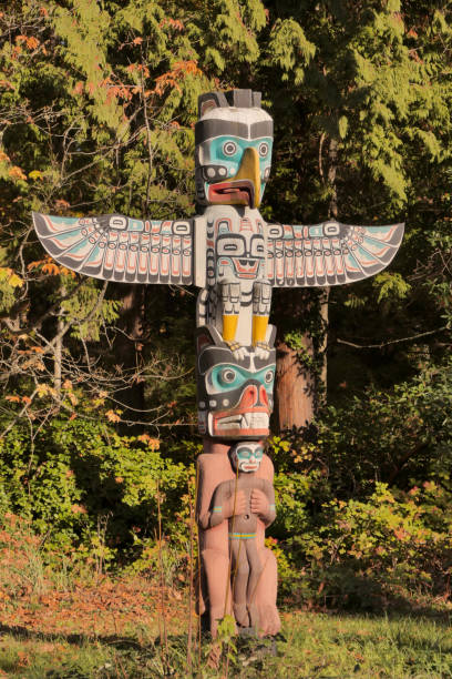 Detail of raven atop Haa leelk'u has Kaa sta heeni deiyi Pole at Sitka National Historical Park, Sitka, Alaska, USA. Carved in 1996 for the Southeast Alaskan Indian Cultural Center.