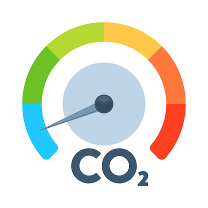 This vector illustration features a gauge meter measuring CO2 levels. The meter showcases a low carbon dioxide concentration, providing a clear representation of decarbonization and good air quality.