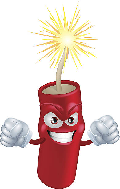 Angry cartoon firecracker An illustration of mean or angry looking cartoon firecracker or firework character with a lit fuse. Vector file is eps 10 and uses transparency blends and gradient mesh electrical fuse drawing stock illustrations