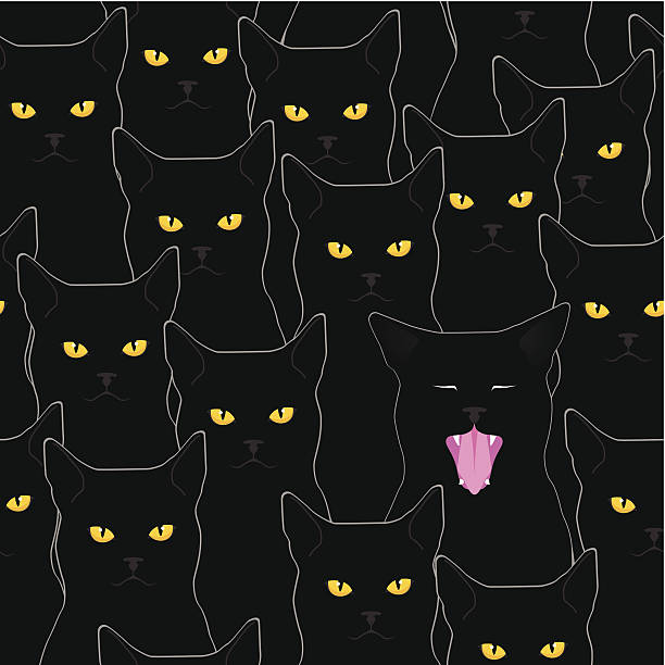 Black cats pattern Seamless pattern with staring cats and one screwed-up black woman with cat stock illustrations