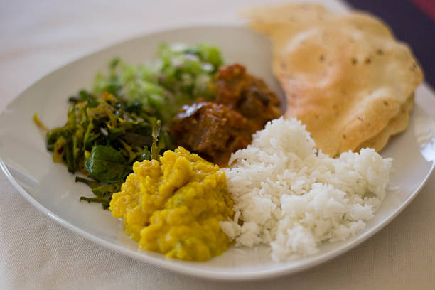 plate of different homemade Indian and Sri Lankan food. Contains: Papadum, rice, dhaal, mutton and two vegetarian dishes.