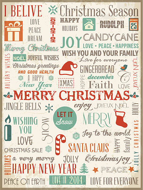 ilustrações de stock, clip art, desenhos animados e ícones de fundo de natal com tipografia - new years eve 2014 christmas retro revival