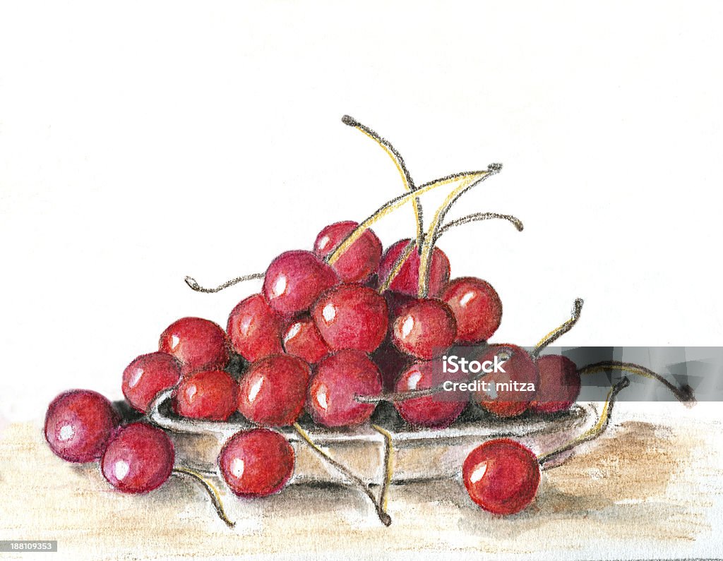 Acuarela y dibujo a lápiz de cerezas en un plato - Ilustración de stock de Cereza libre de derechos