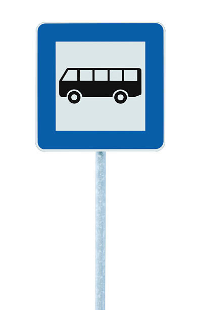 istock Bus Stop Sign post pole, traffic road roadsign, blue isolated 188109428