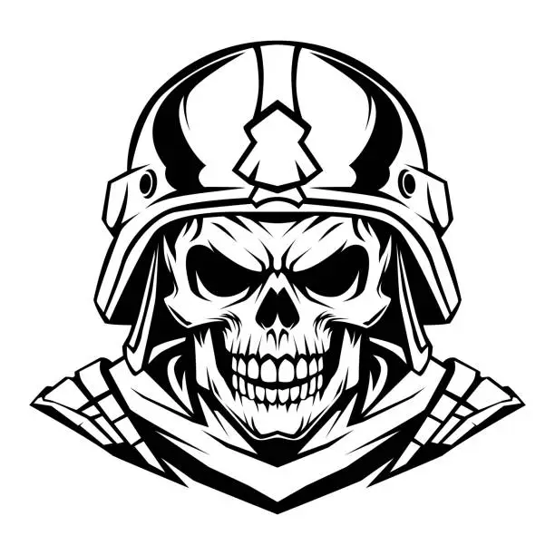 Vector illustration of Army Skull with angry face drawing black and white vector illustration
