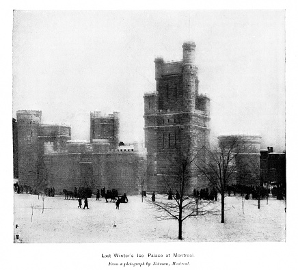 1894 Winter Ice Palace, Montreal, Canada. Photo engraving published 1895. Original edition is from my own archives. Copyright has expired and is in Public Domain.