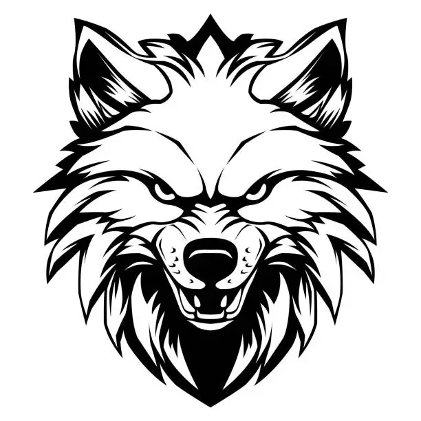 Vector illustration of Wolf head with angry face drawing black and white design vector illustration