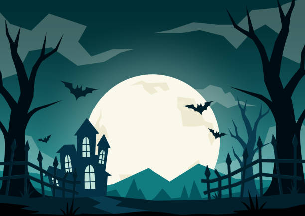 フラットスタイルの水平ハロウィーン背景イラスト - halloween castle cartoon backgrounds点のイラスト素材／クリップアート素材／マンガ素材／アイコン素材