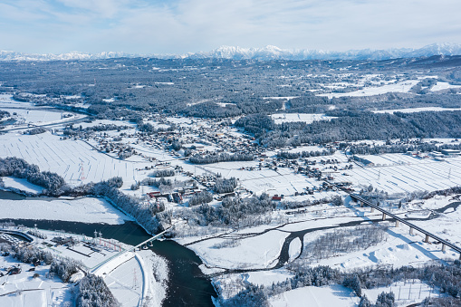 Drone photography: Landscape of a snowy country covered in pure white snow