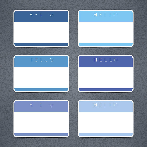 Blue empty nametag hello my name is sticker tag noise Empty name tag HELLO my name is. Blue color blank stickers with drop gray shadow on dark gray background with noise texture effect.  black family reunion stock illustrations